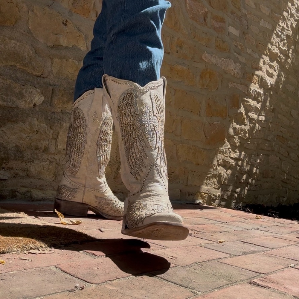 Cream and Silver Heeled Corral Boots - Picture 2 of 6